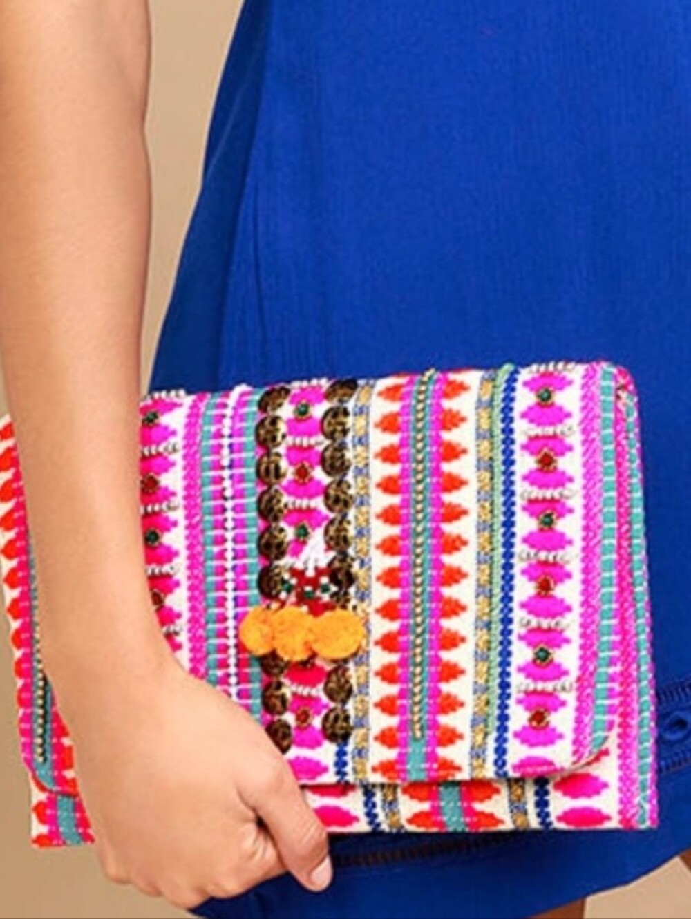 Charades Boho Embroidered Beaded Pom Pom Detail Clutch With Silvertone Chain